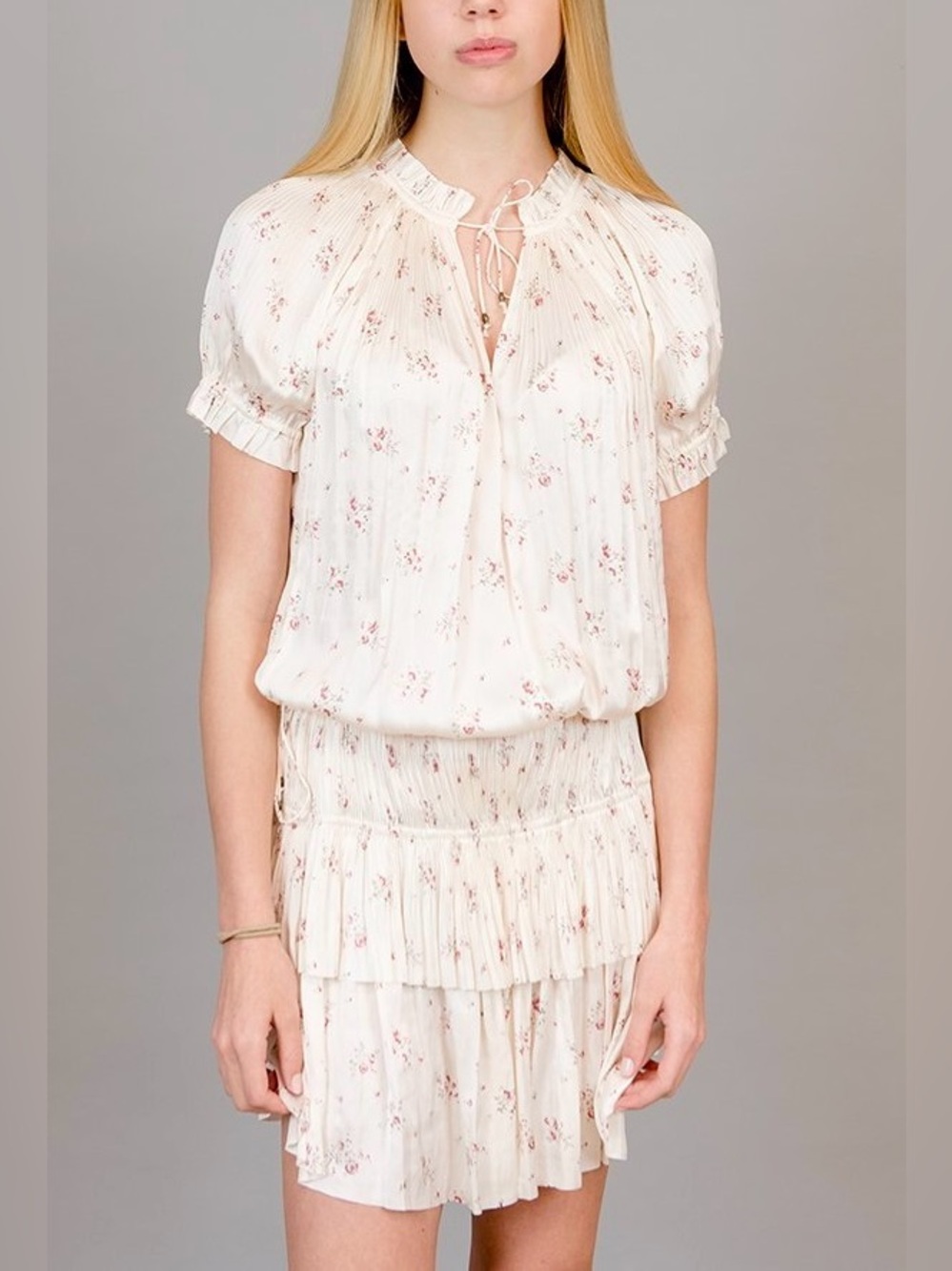 Ulla Johnson Nora Satin Plissé Floral Mini Dress Ivory Prairie Print—Size 2